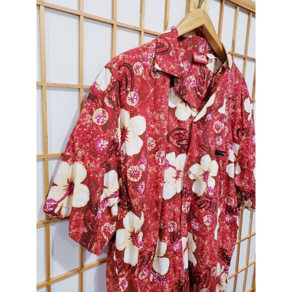 Vintage Everything Coca Cola Men's Hawaiian Shirt Red Floral Button Up - Size XL - Picture 5 of 13